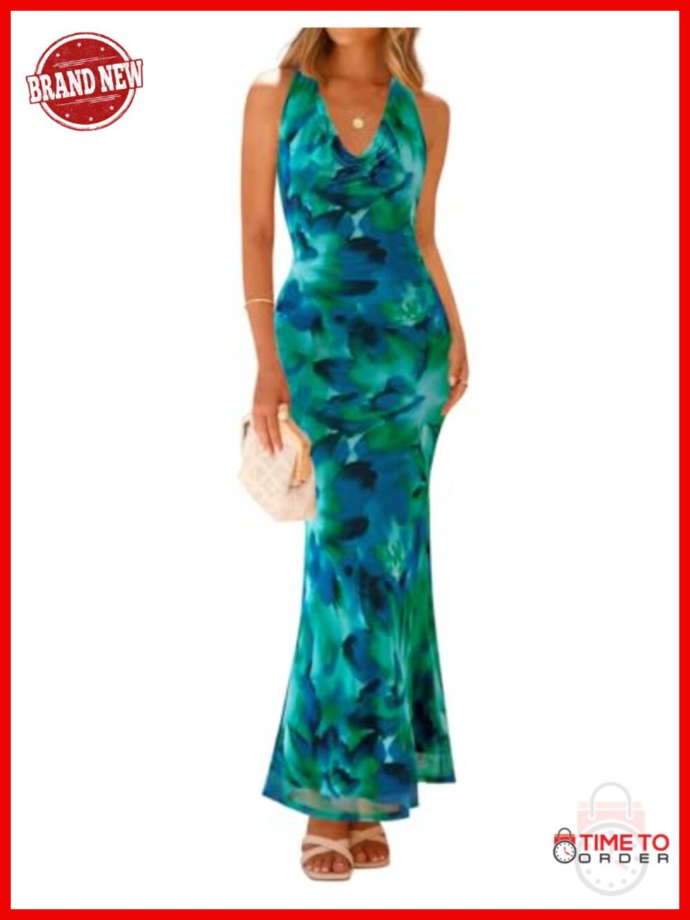 Sleeveless Floral Halter Neck Bodycon Maxi Dress Summer Party